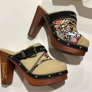 NEW IN BOX Ed Hardy Darnell Heel Tiger Clog in Natural Size 8 Y2K